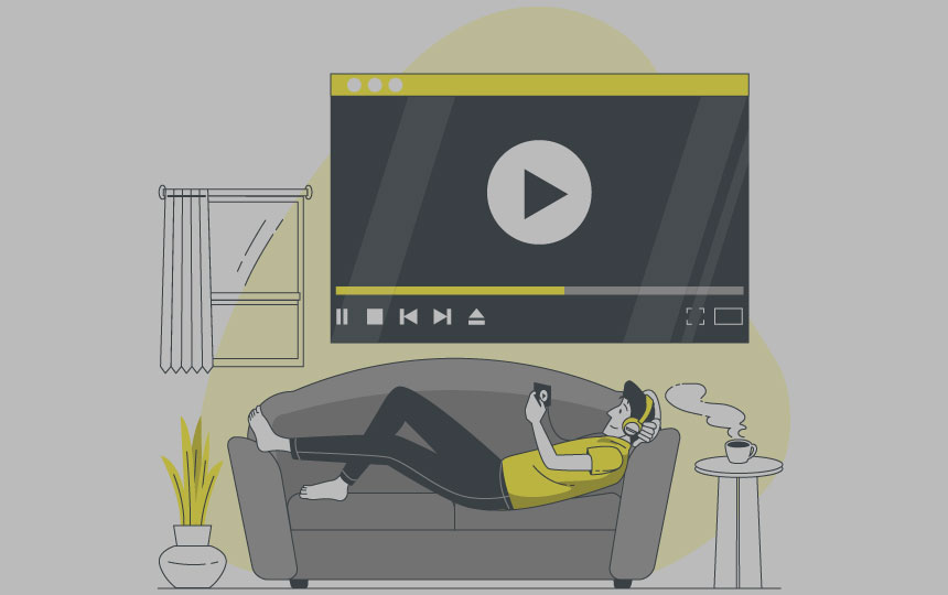 Illustration of a boy laying down on a couch and watching a video on his mobile.